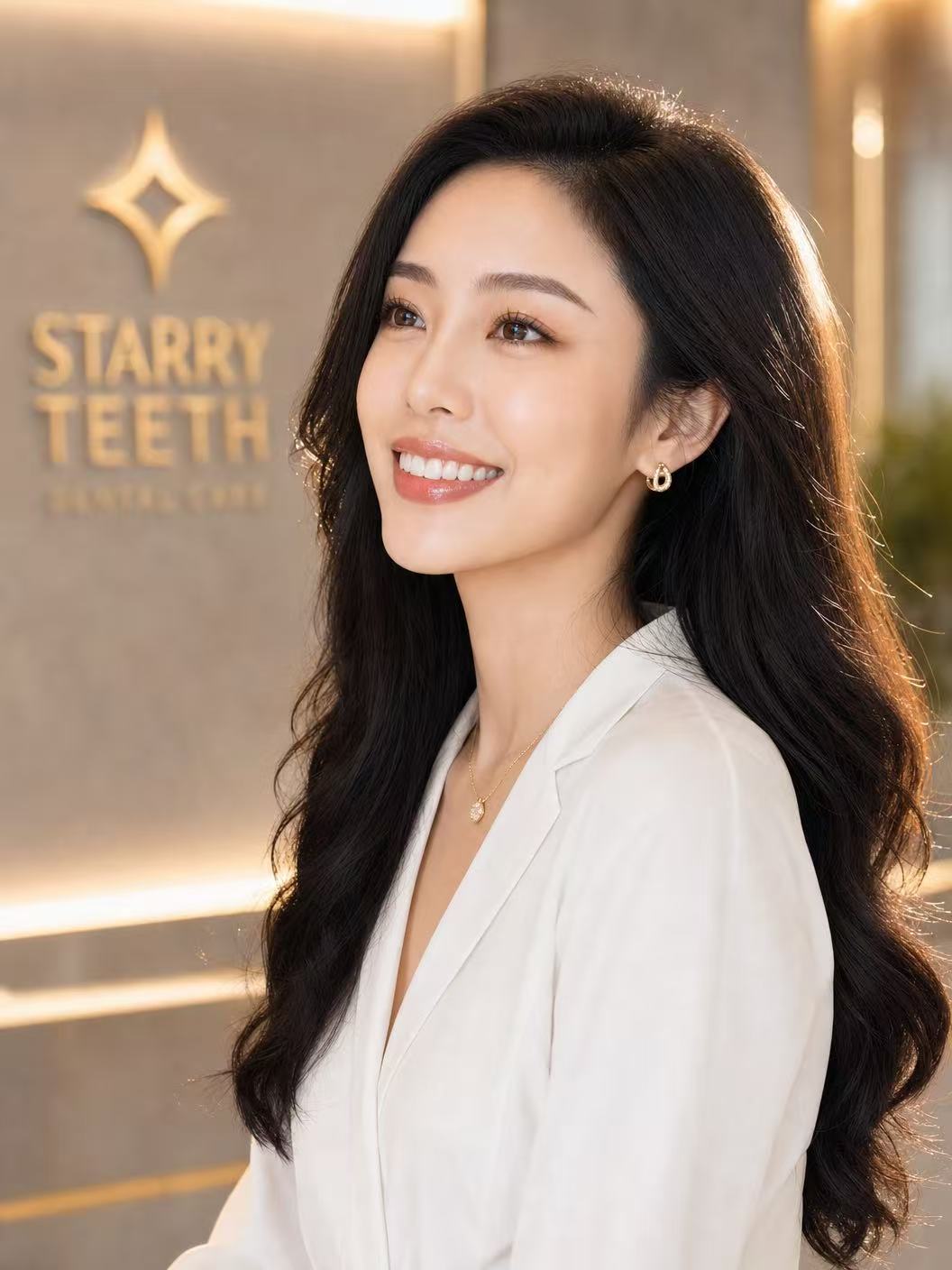 Jessica Wong 站在星辰皓齒品牌牆前微笑，作為香港客人瓷貼片查詢頁的信任圖片。